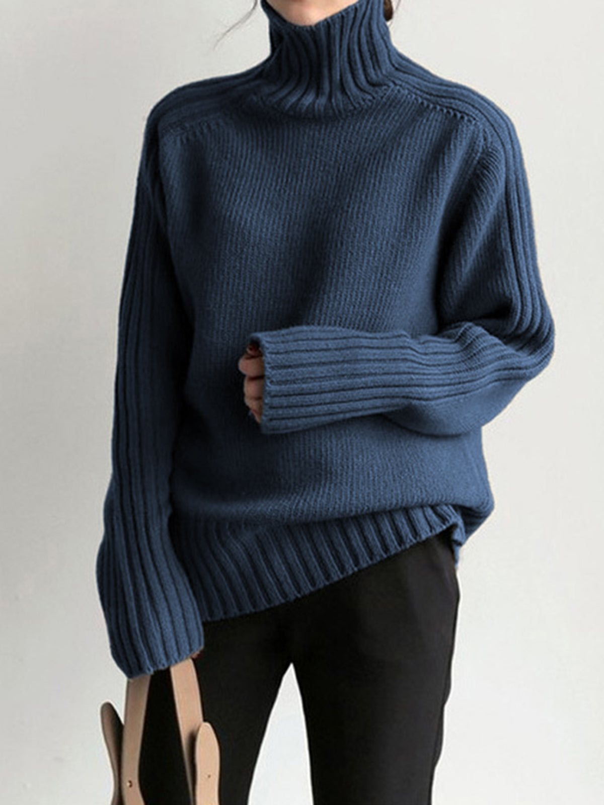 Aniston | Women's Turtleneck Ribbed Navy Blue
