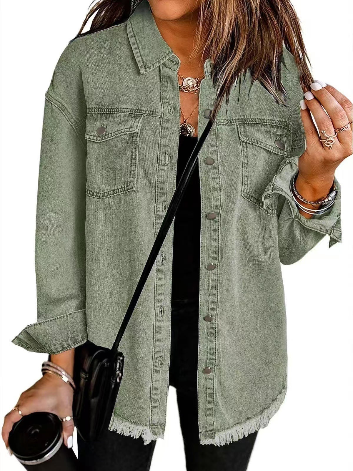 Laura | Denim Shirt Jacket with Frayed Hem