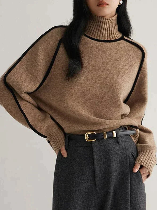 Lyn | Camel turtleneck with contrasting piping