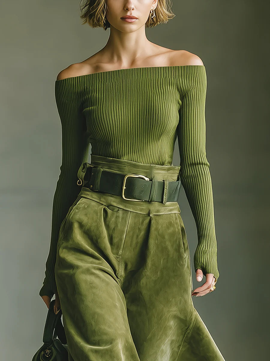 Jane | Off-Shoulder Top and Faux Suede Skirt Set (Includes Belt）
