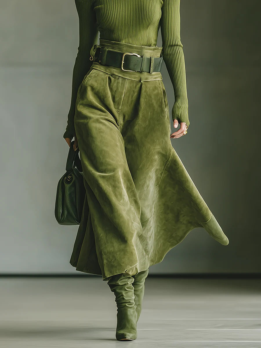 Jane | Off-Shoulder Top and Faux Suede Skirt Set (Includes Belt）