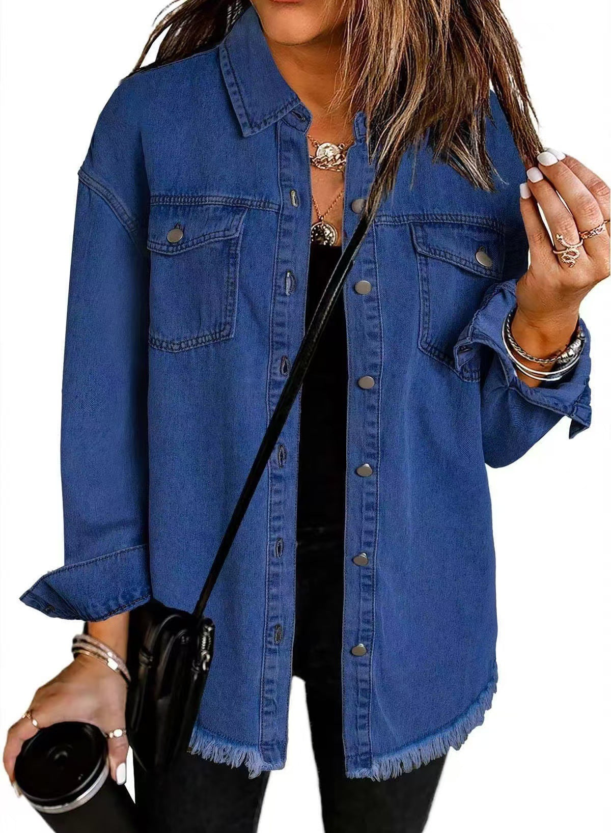 Laura | Denim Shirt Jacket with Frayed Hem