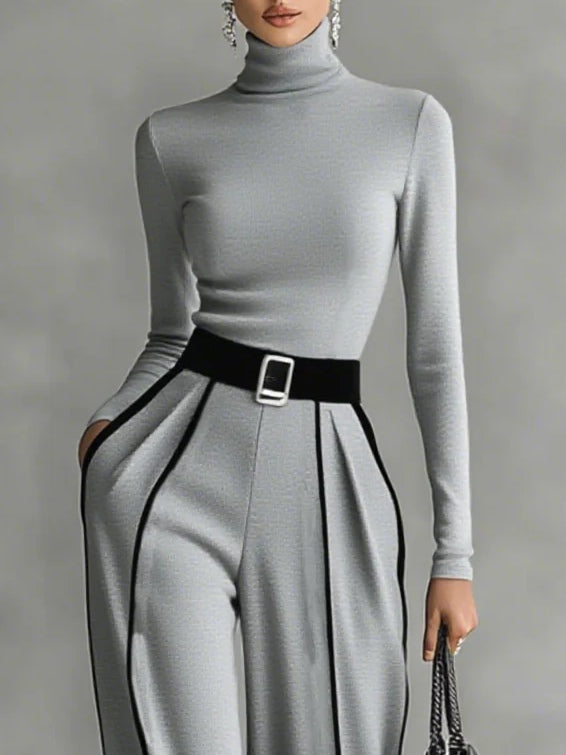 Tanya | High-Neck Long-Sleeved Top With Wide-Leg Pants and Belt Set