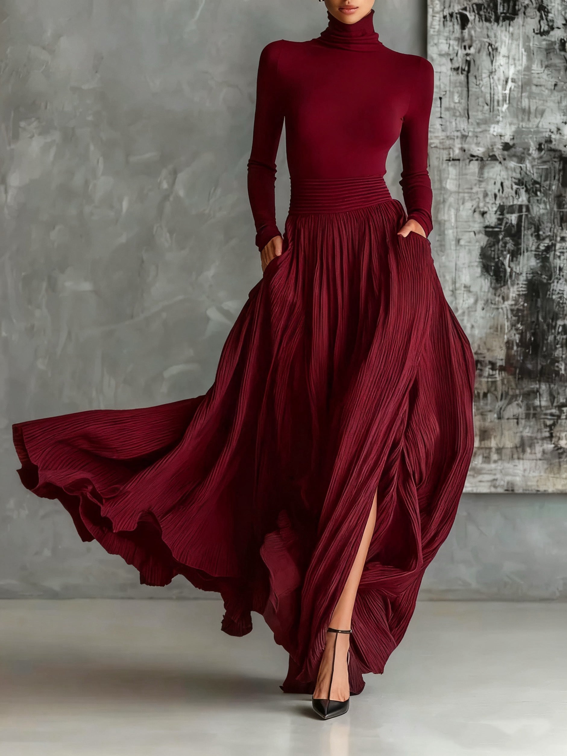 Francine | Fashion Skinny Turtleneck T-shirt Pleated Skirt Set