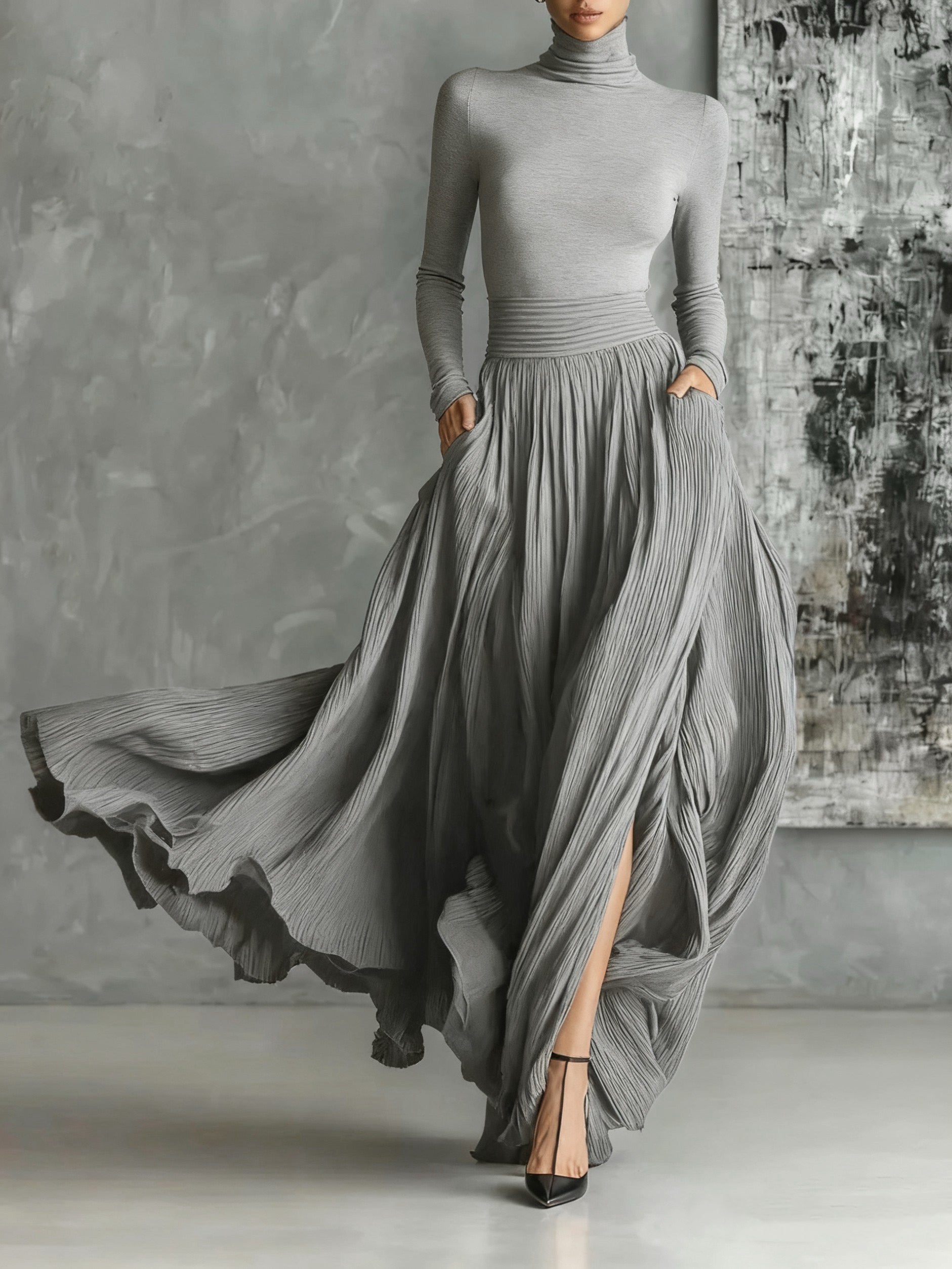 Francine | Fashion Skinny Turtleneck T-shirt Pleated Skirt Set