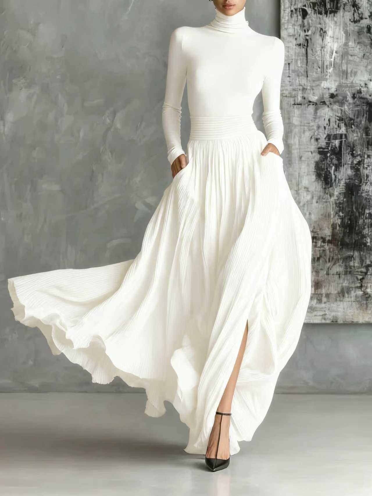 Francine | Fashion Skinny Turtleneck T-shirt Pleated Skirt Set