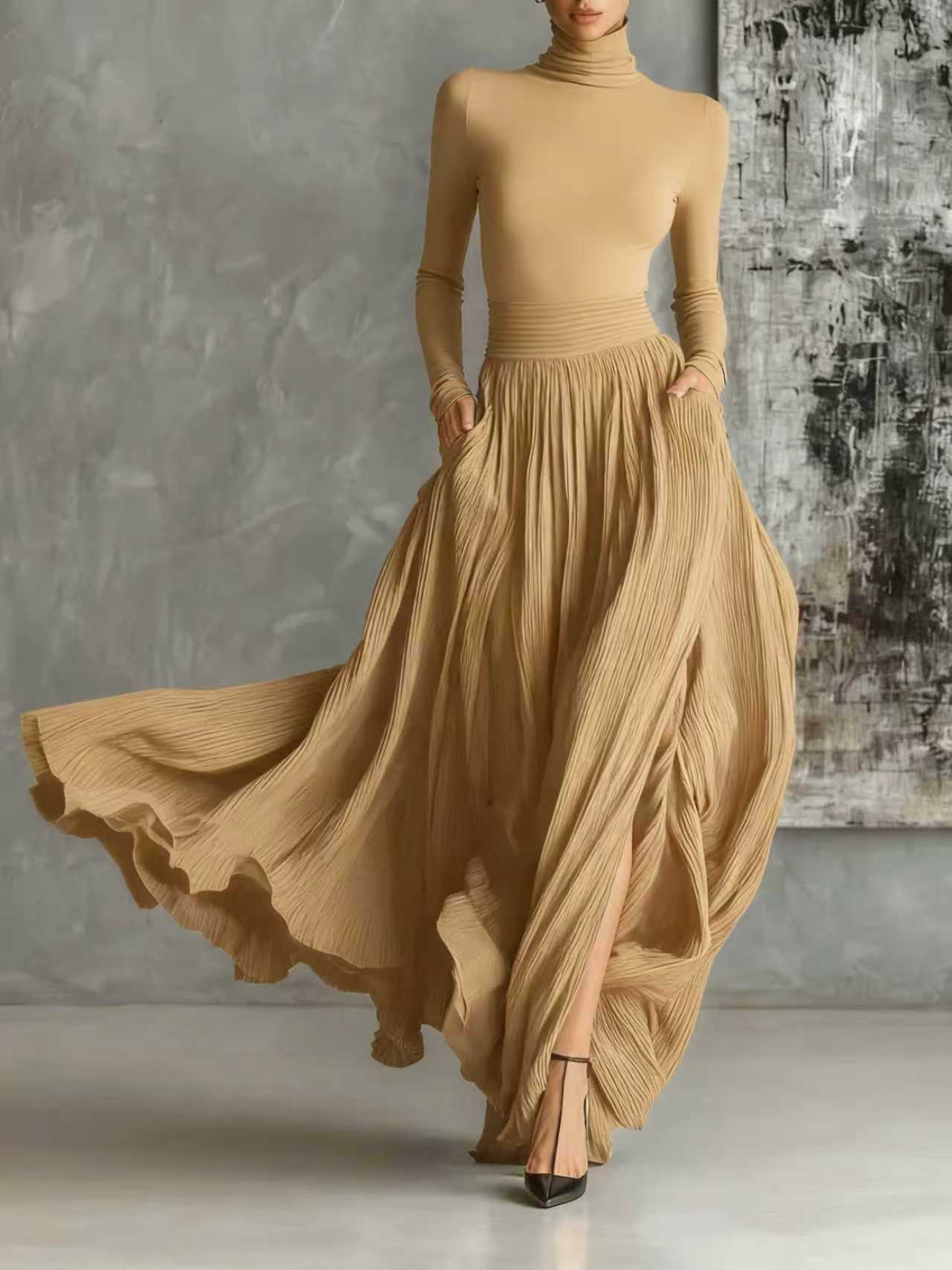Francine | Fashion Skinny Turtleneck T-shirt Pleated Skirt Set