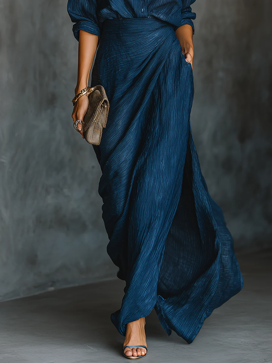 Blake | Elegant Dark Blue Blend Shirt Long Skirt Set