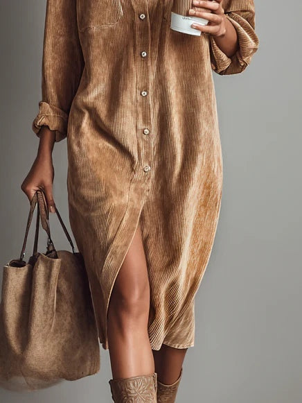Helene – Cord Midi Dress with Chest Pockets