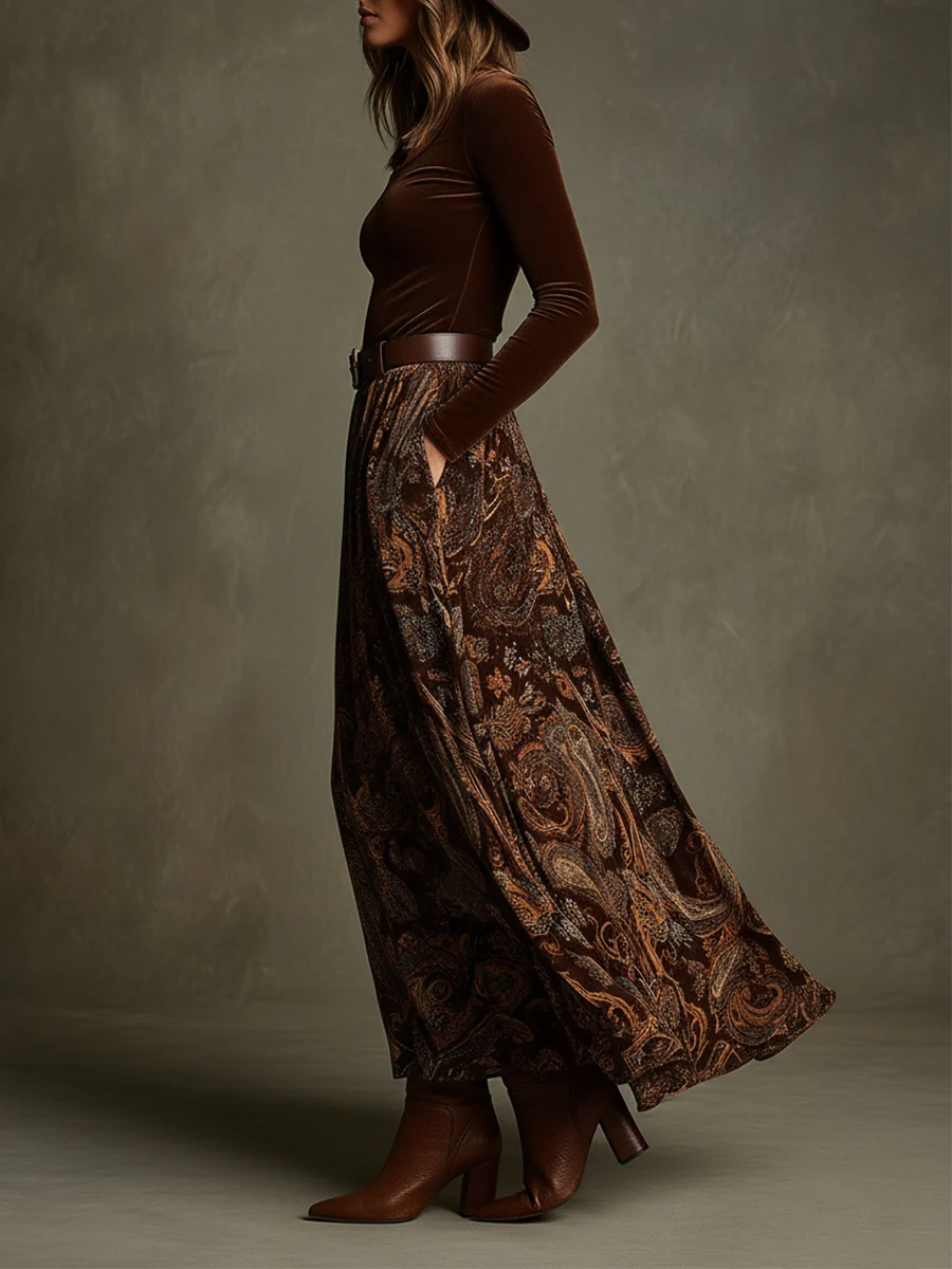 Mara | Vintage Stretch Velvet Top and Paisley Print Maxi Skirt Set (With Belt)