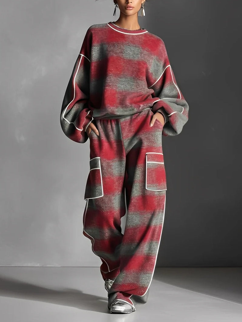 Cathy | Plaid Color-Blocked Sweatshirt and Casual Pants Two-Piece Set