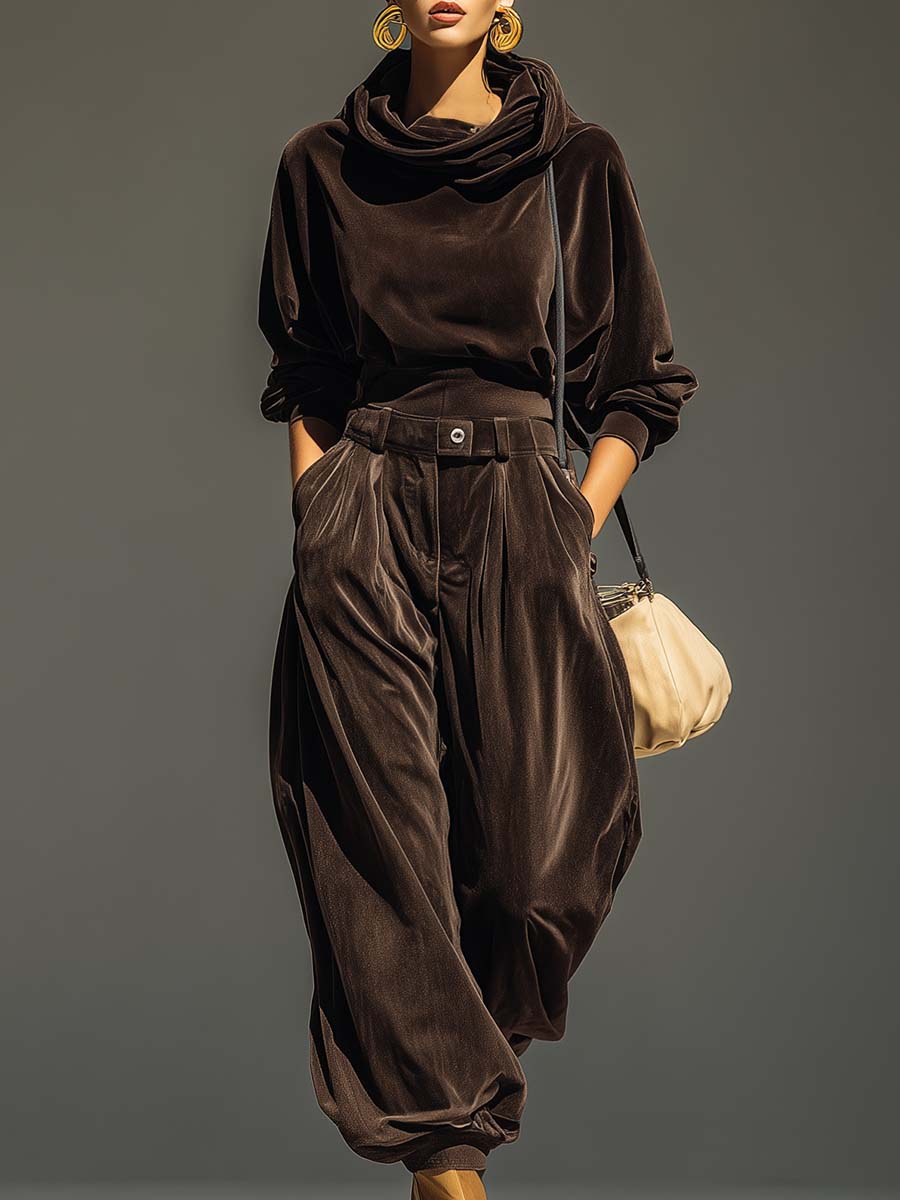 Ella | Vintage Velvet Hoodie and Loose-Fitting Trousers Set (Includes Belt）