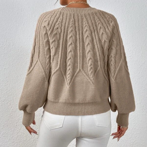 Mary | Khaki Cable Knit Sweater with Balloon Sleeves