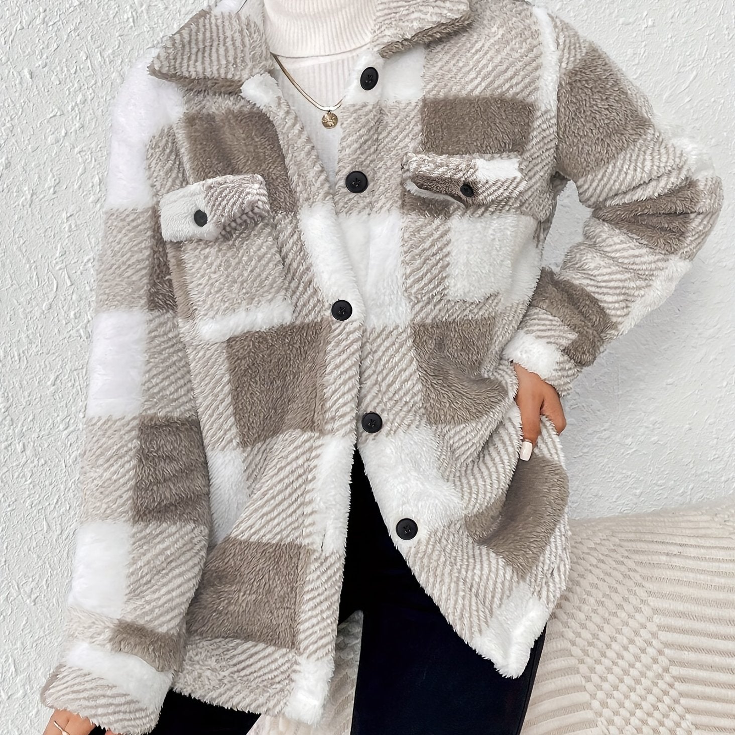 Emalyn | Mid-Way Coat Plush Block Pattern
