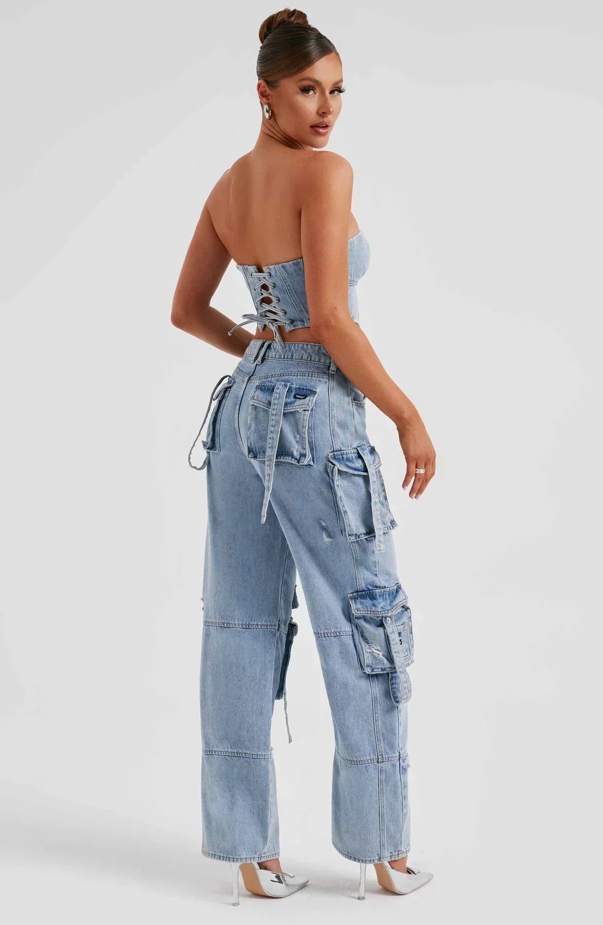 Candy | Denim Set with Distressed Cargo Pockets