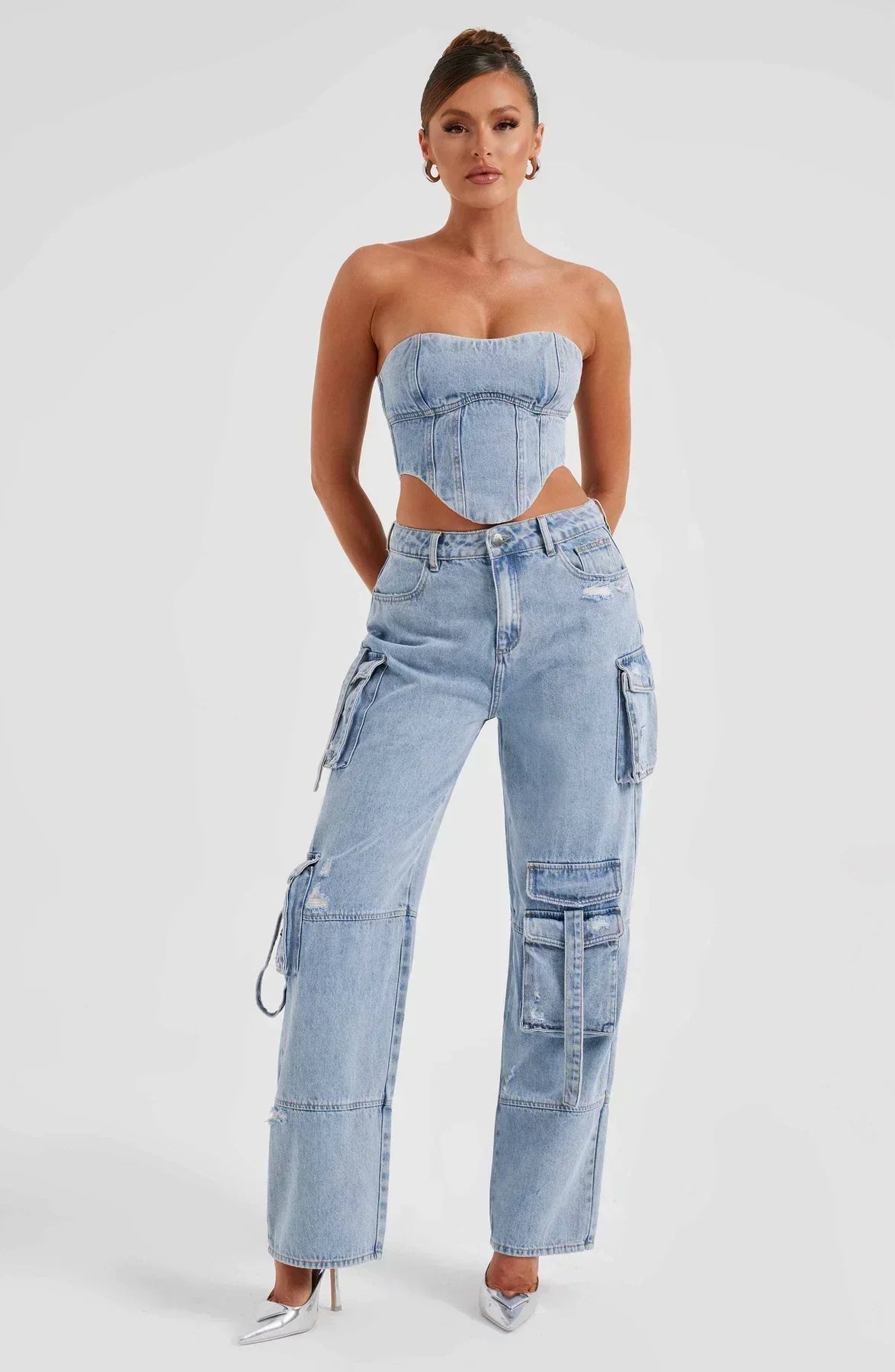 Candy | Denim Set with Distressed Cargo Pockets