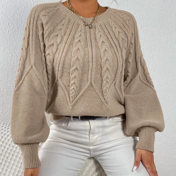 Mary | Khaki Cable Knit Sweater with Balloon Sleeves